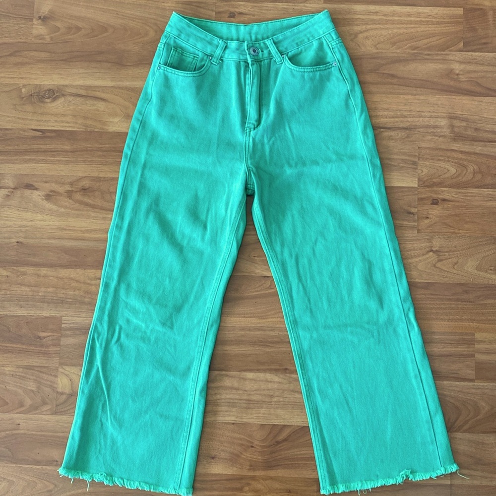 ❤️ Green Denim Ribcage Fray Hem Ankle Straight Leg Crop Jeans Size 28